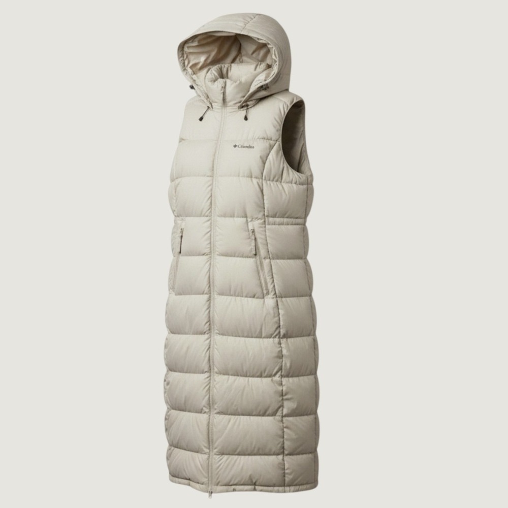 Columbia Long Hooded Vest Duster Jacket Women M Beige Gorpcore Puffer Titanium